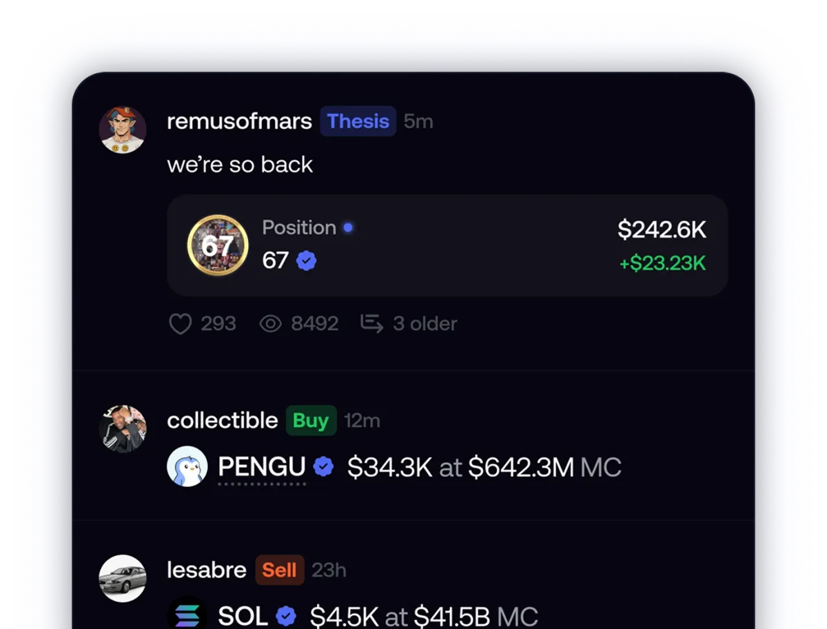 fomo's social trading feed showing recent trades from followed traders