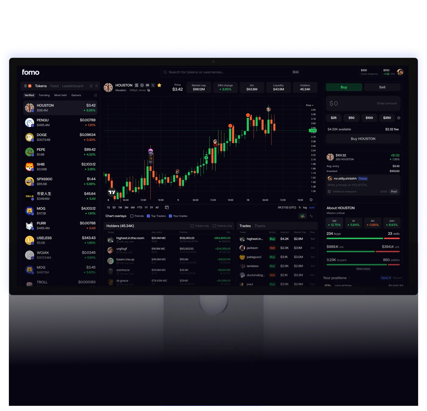 fomo's full trading interface, showing the token chart, buy panel, and the fee displayed before you confirm a trade